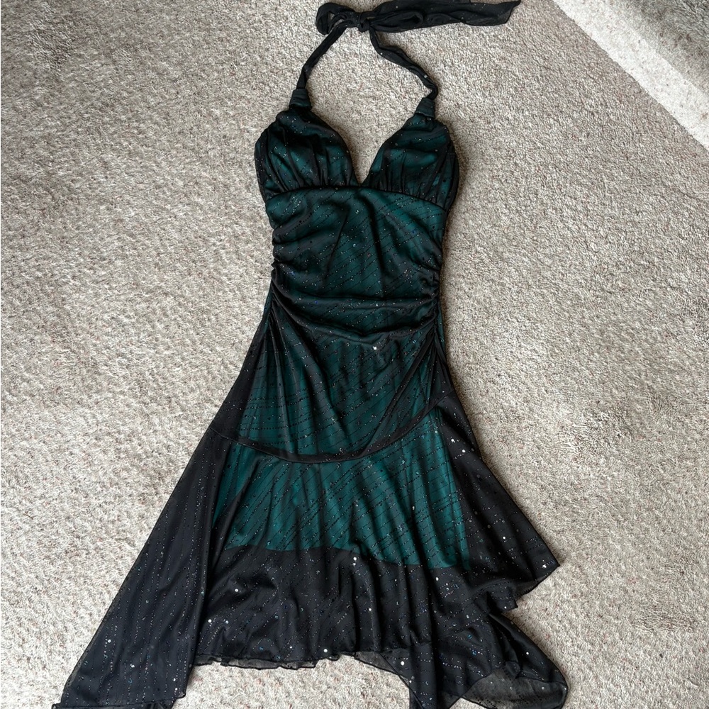 Jodi Kristopher Black and Teal Sequence Asymmetrical Dress